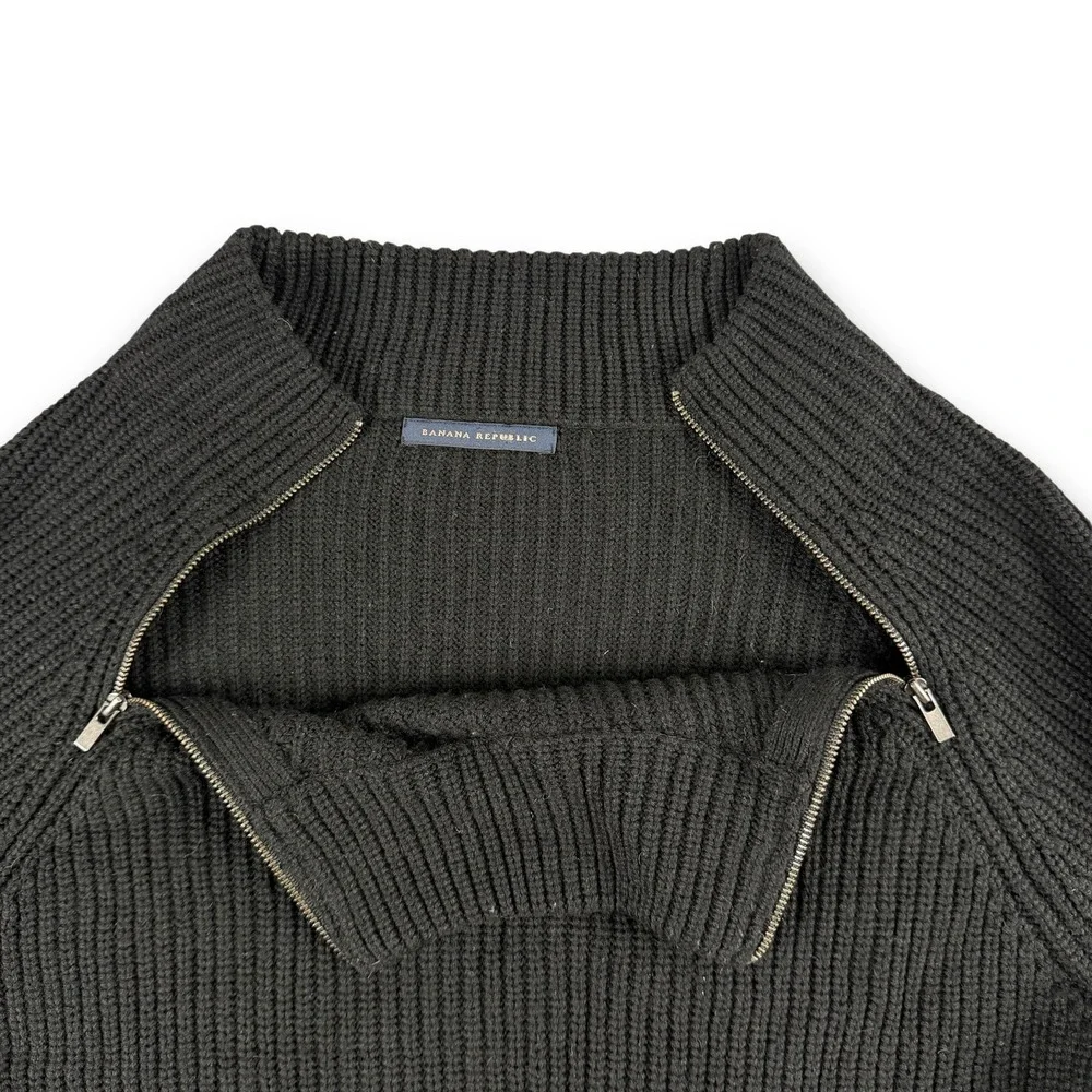 Banana Republic Sweater Mens M Black Ribbed Knit Mock Neck Dual‎ Shoulder Zip